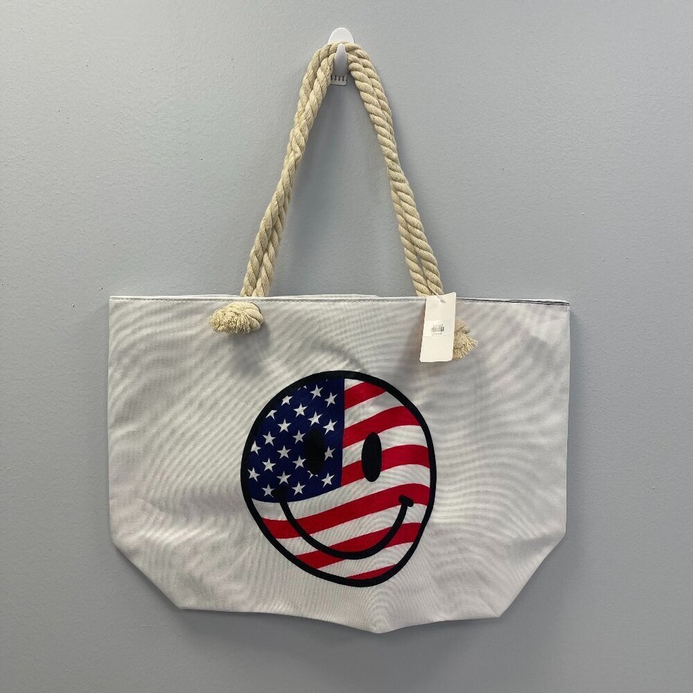 Love of Fashion USA Flag In Smile Face Print Beach Tote Bag w/ Rope Straps - NWT